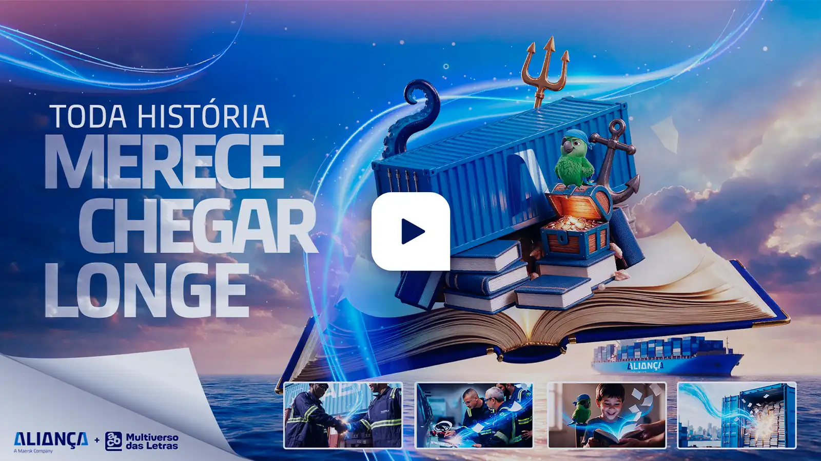 Capa do vídeo: contêiner da Aliança sobre um livro aberto, com papagaio, âncora e baú de tesouro