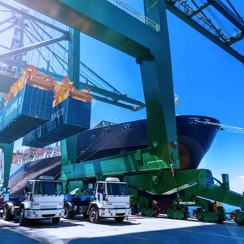 Port terminal gantry cranes lifting containers onto trucks, next to a berthed ship.