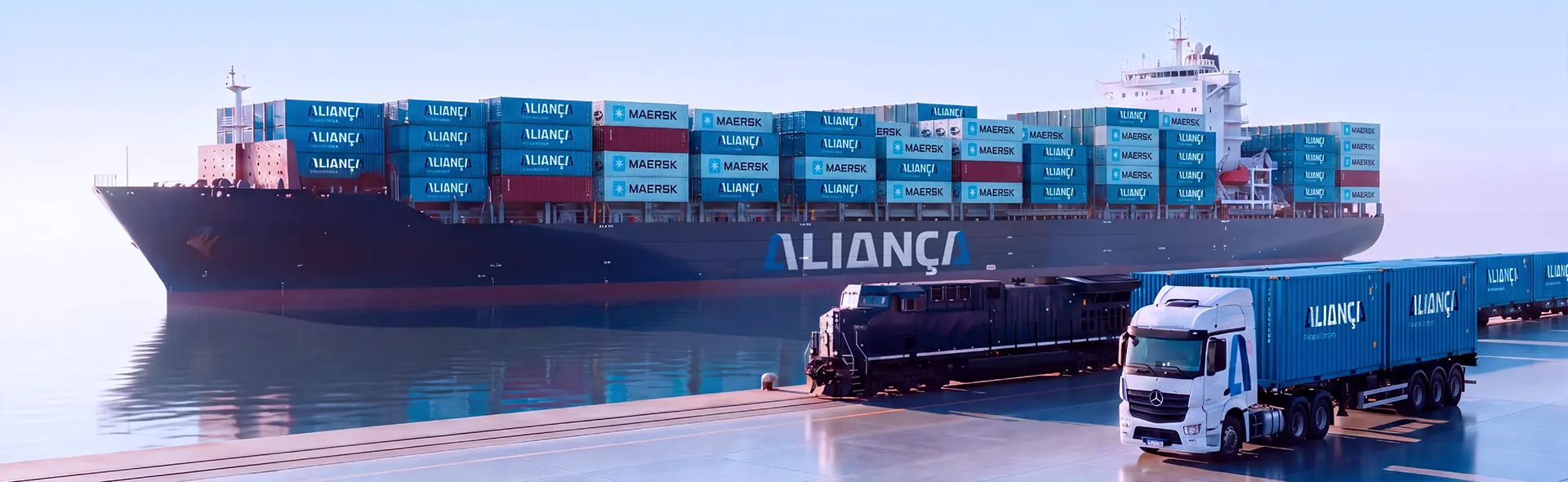 Navio porta-contêineres da Aliança no porto, com uma locomotiva e um caminhão da Aliança carregado de contêineres no cais.