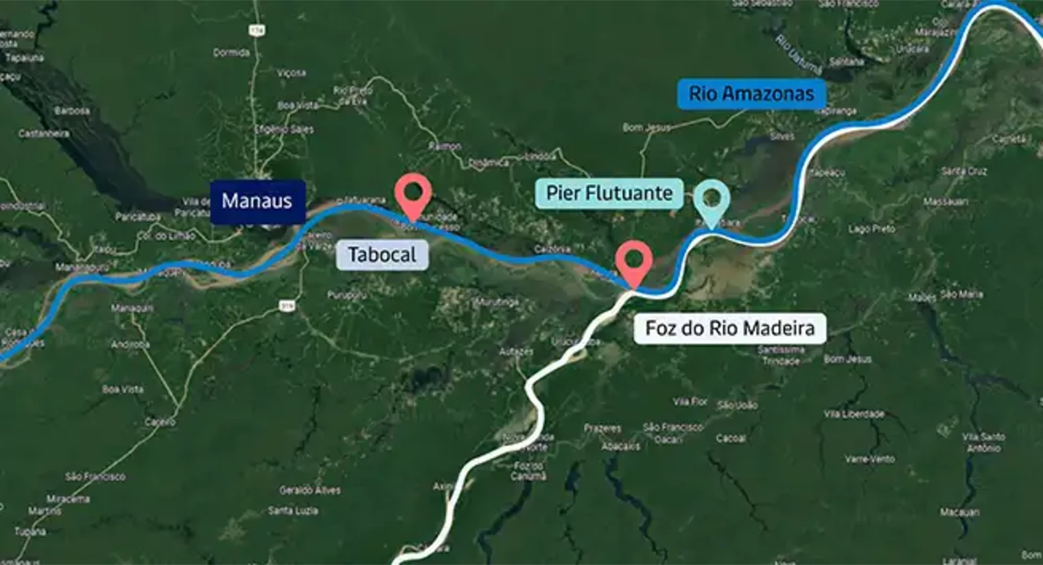 Map of the stretch of the Amazon River between Manaus and the mouth of the Madeira River, with the critical points Tabocal, Foz do Rio Madeira and Pier Flutuante.