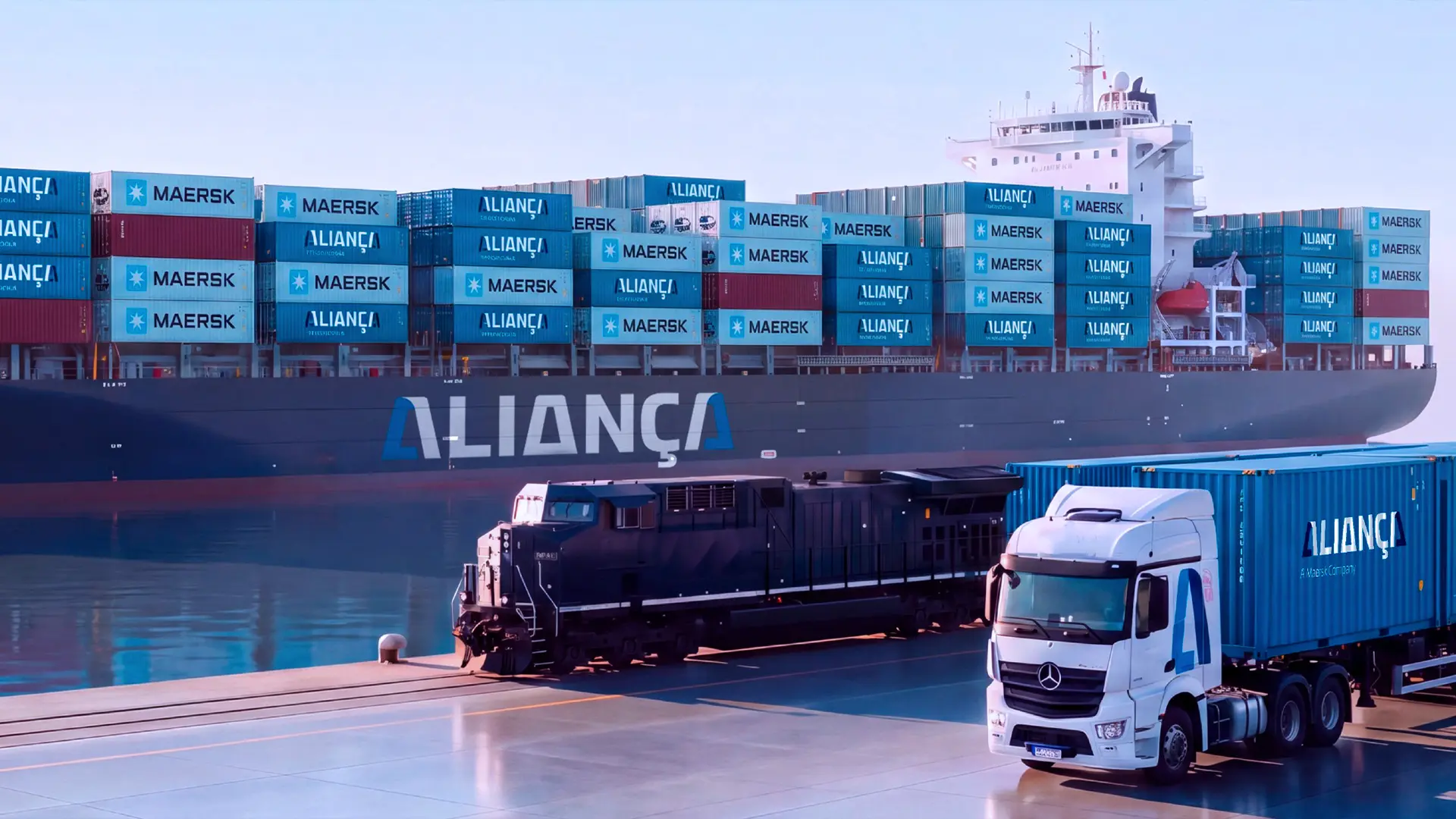 Caminhão da Aliança passando diante de um navio porta-contêineres da companhia.