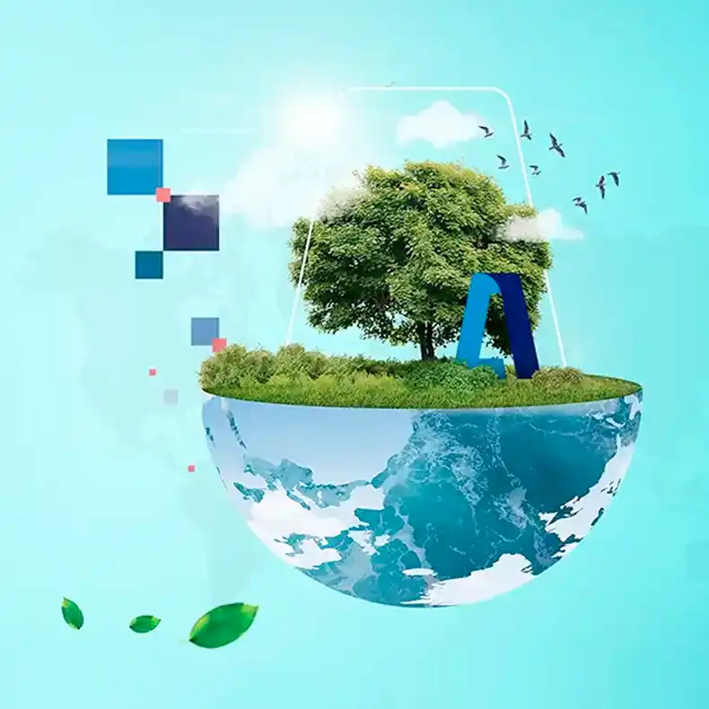 Ilustração de meio globo com oceano e uma árvore sobre um gramado, com o A da Aliança ao lado.